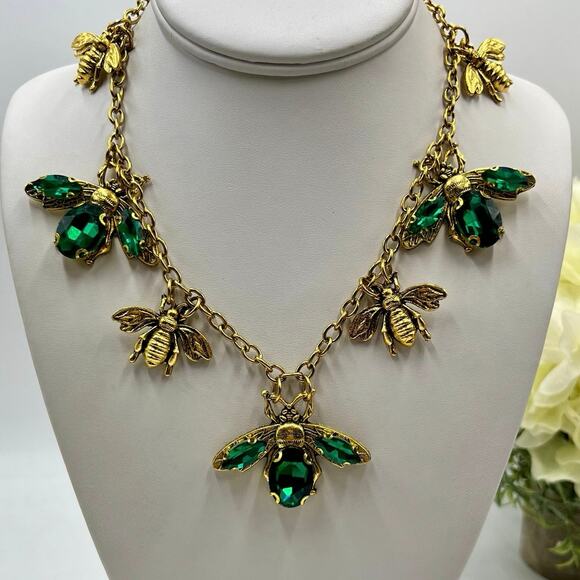 Stainless Steel Gold Plated Green Rhinestone Queen Bumble Bee Statement Necklace - Picture 1 of 12